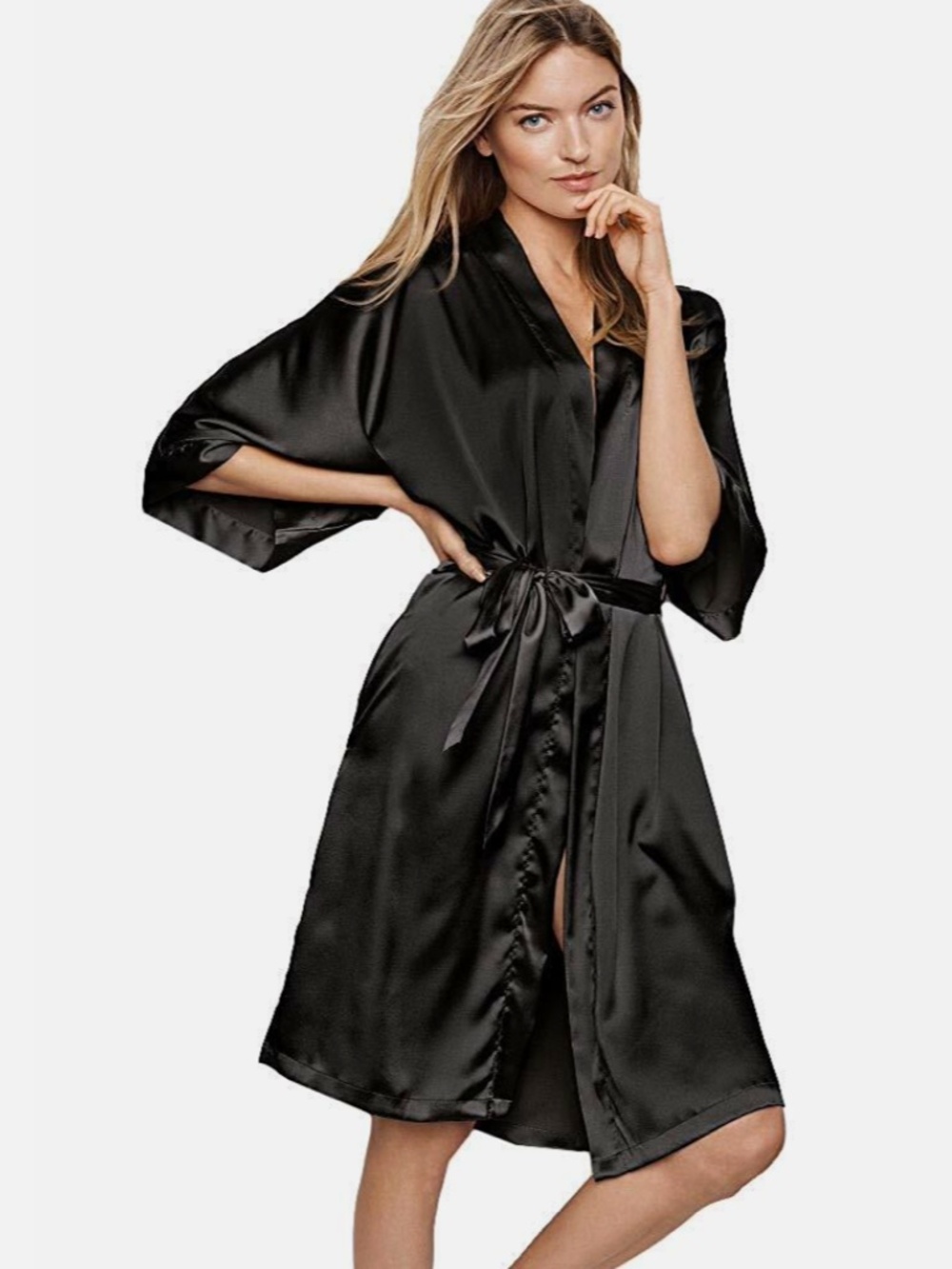 Victoria's Secret Black Satin Short Robe - Kimono Style